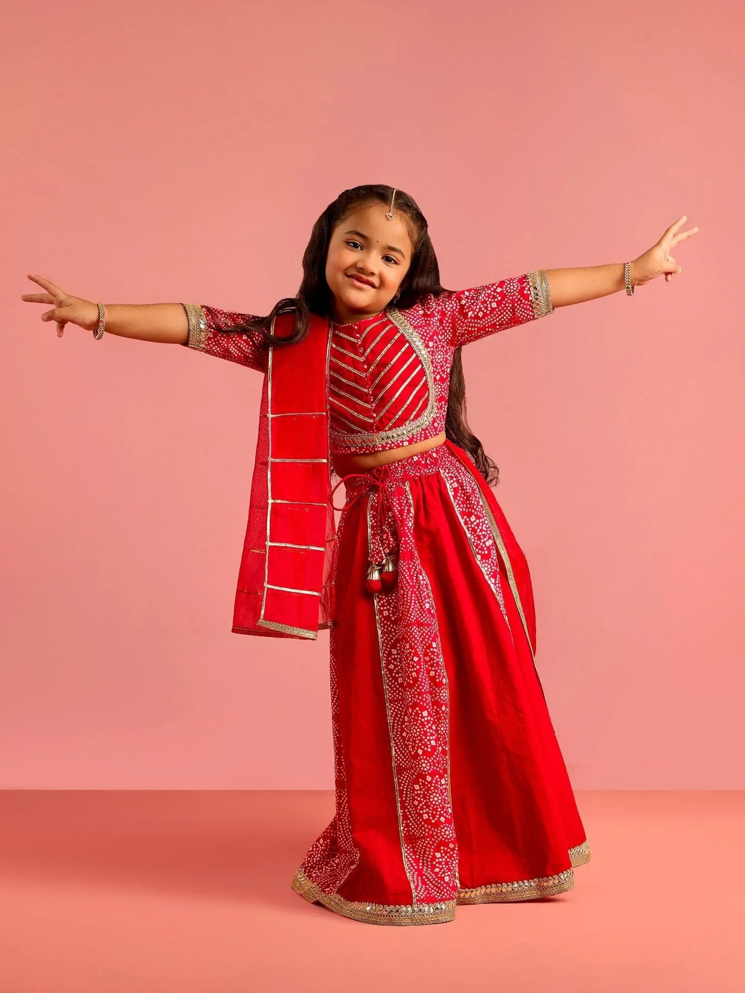 Girls Ethnic Cotton Cambric Red Bandhani Printed Lehenga Choli Set with Organza Dupatta