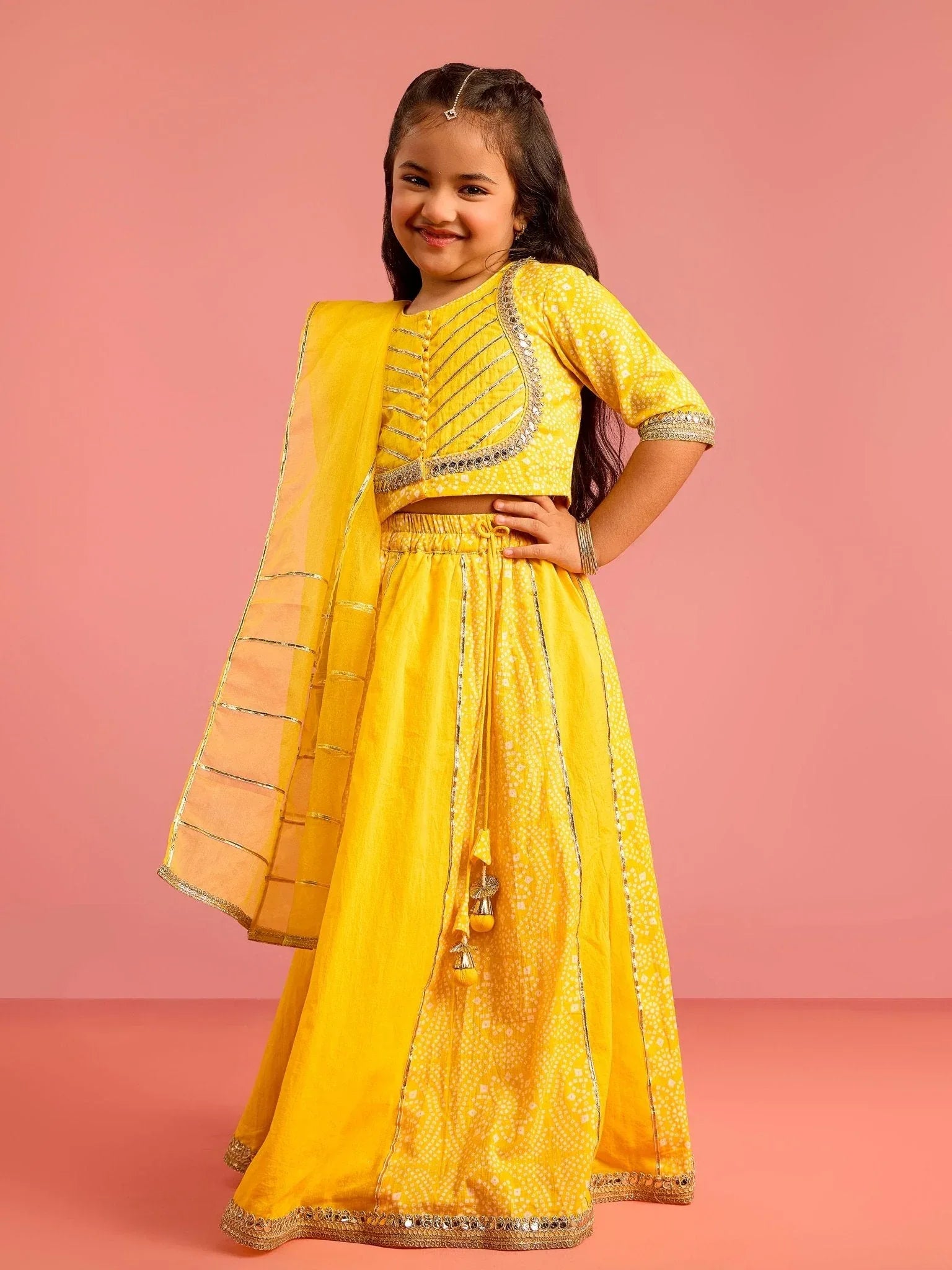 Girls Ethnic Cotton Cambric Yellow Bandhani Printed Lehenga Choli Set with Organza Dupatta
