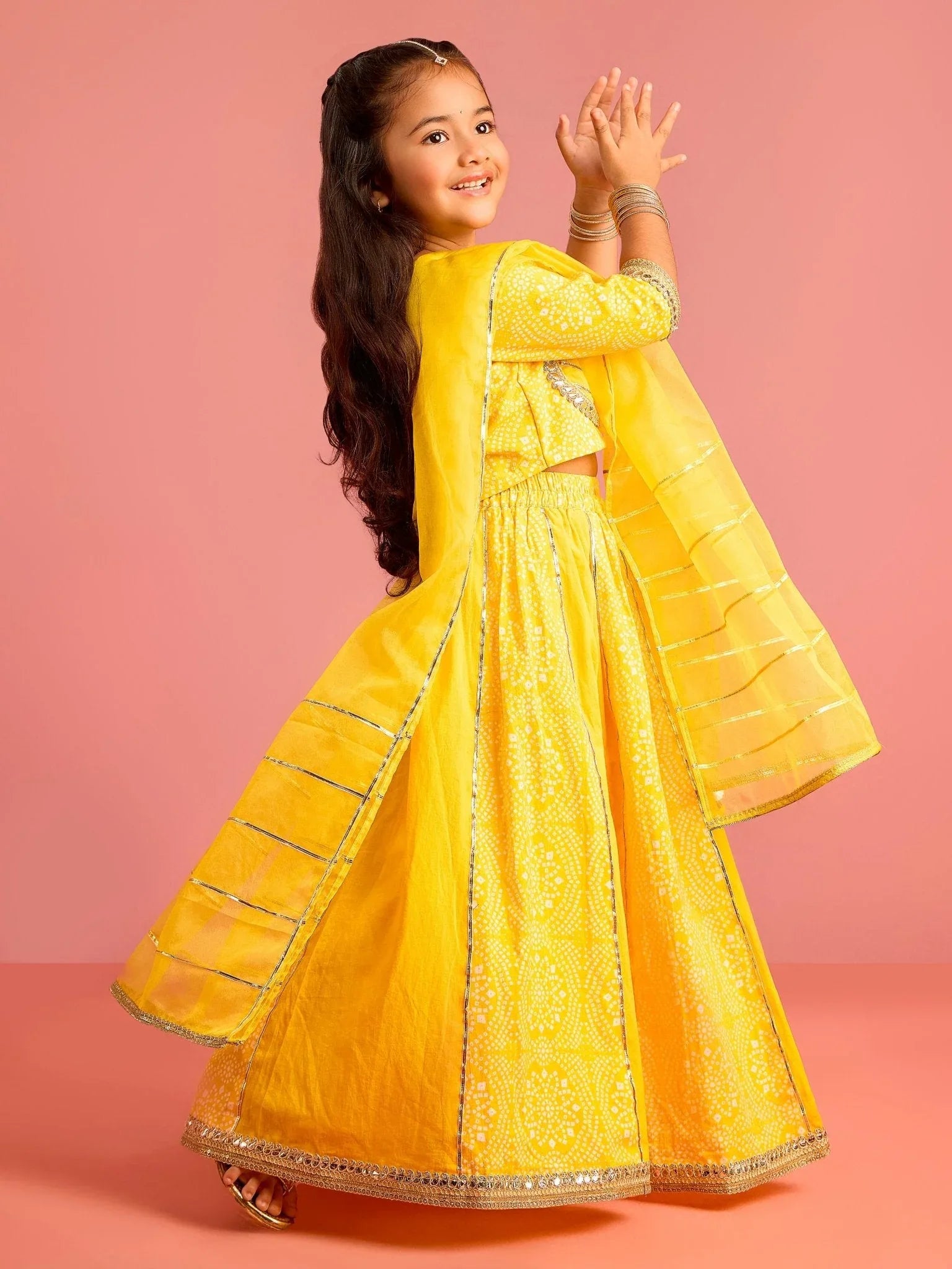 Girls Ethnic Cotton Cambric Yellow Bandhani Printed Lehenga Choli Set with Organza Dupatta