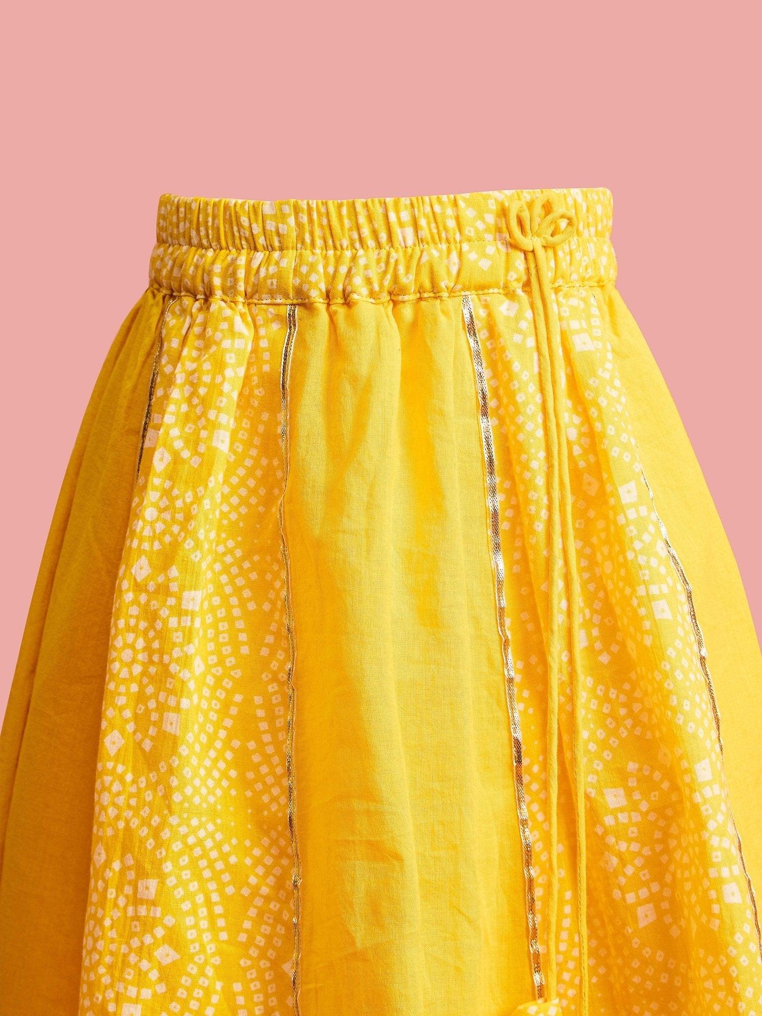 Girls Ethnic Cotton Cambric Yellow Bandhani Printed Lehenga Choli Set with Organza Dupatta