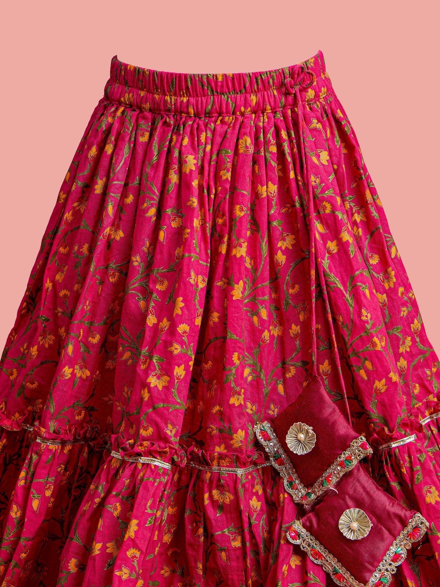 Girls Ethnic Wear Pink Floral Screen Print Cotton Cambric Lehenga Choli Set with Yellow Chiffon Dupatta