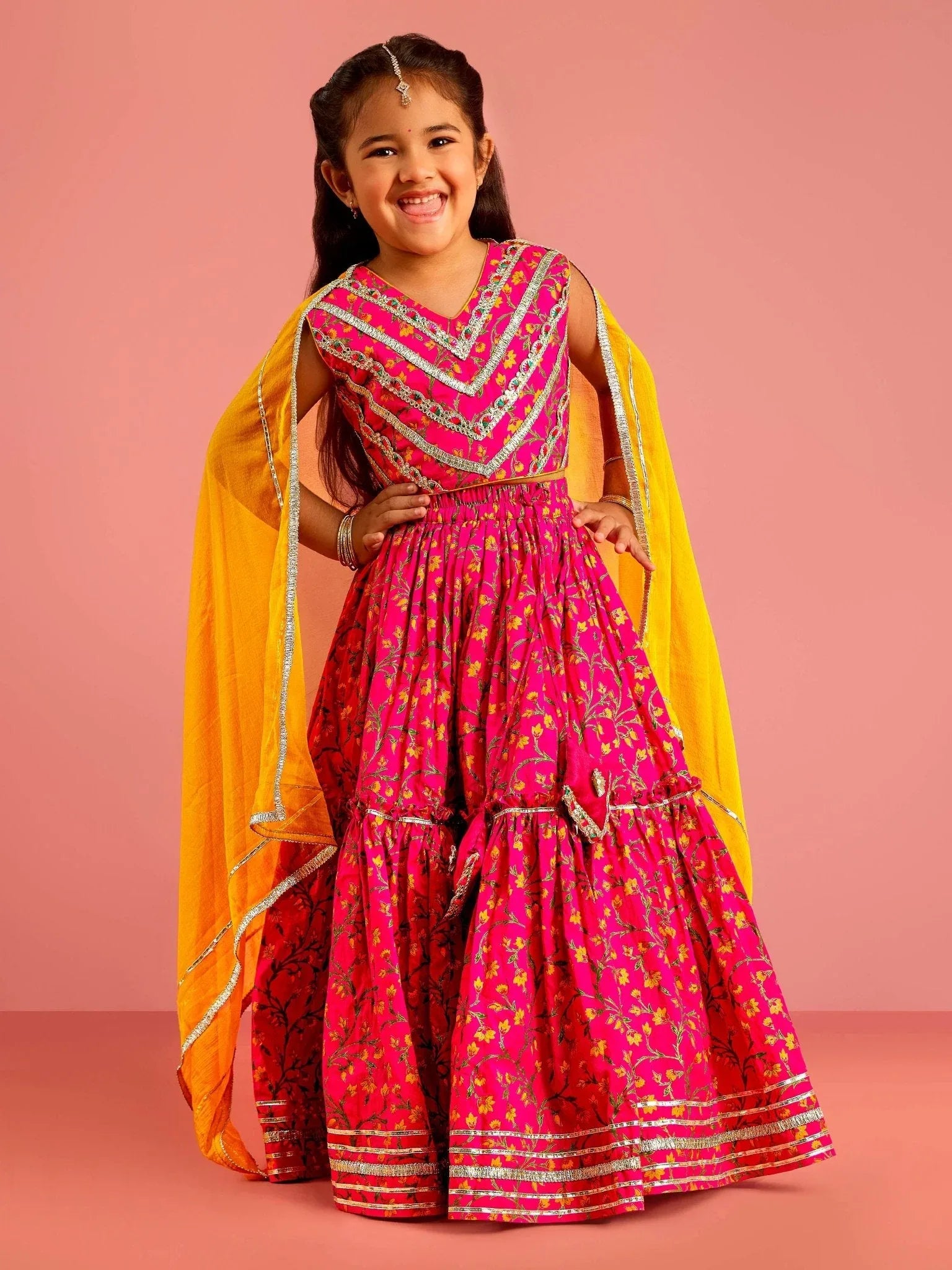 Girls Ethnic Wear Pink Floral Screen Print Cotton Cambric Lehenga Choli Set with Yellow Chiffon Dupatta