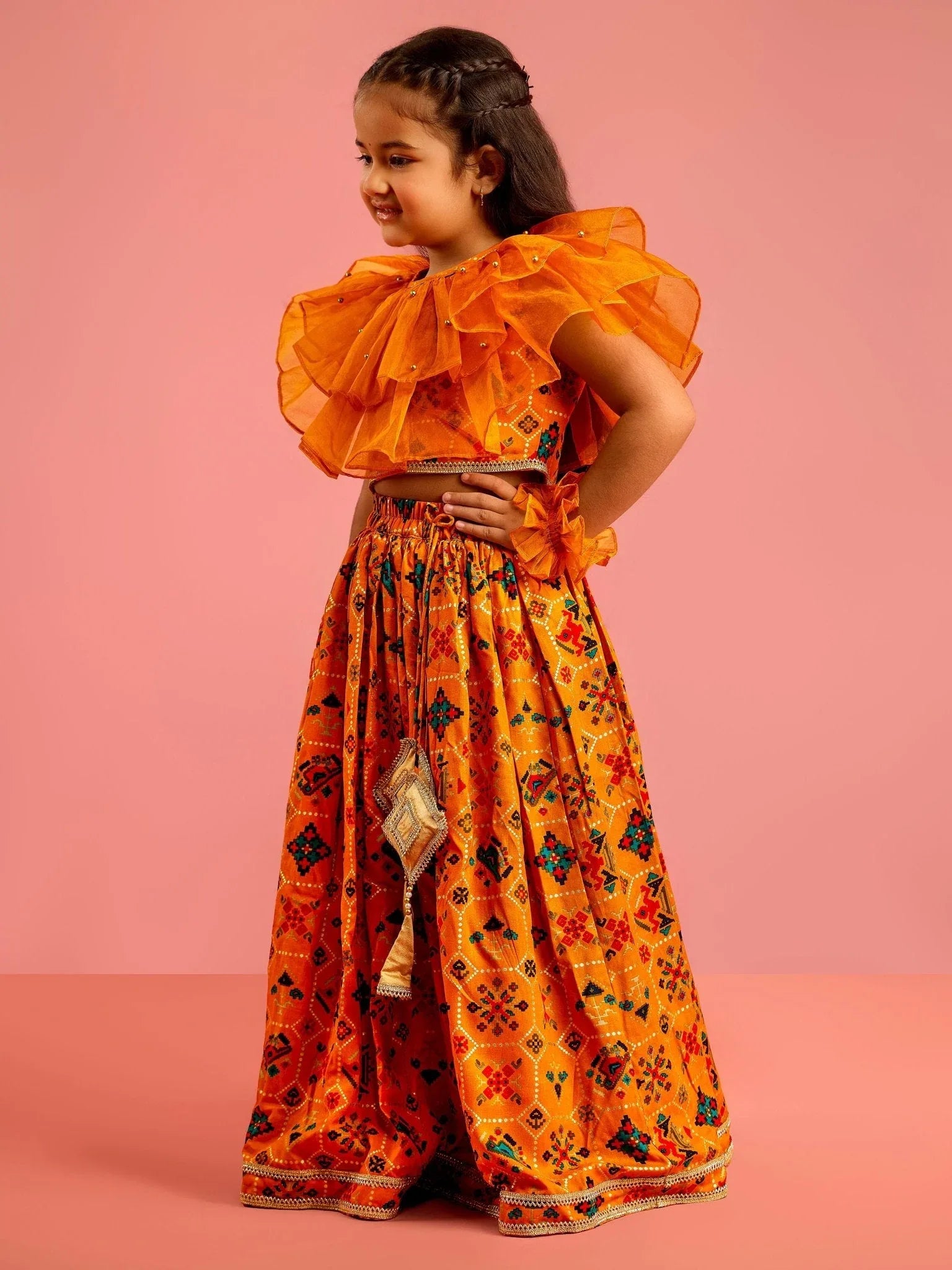 Girls Mustard Patola Print Rayon Lehenga Choli Set with Accessories & Ruffled Hand Gloves