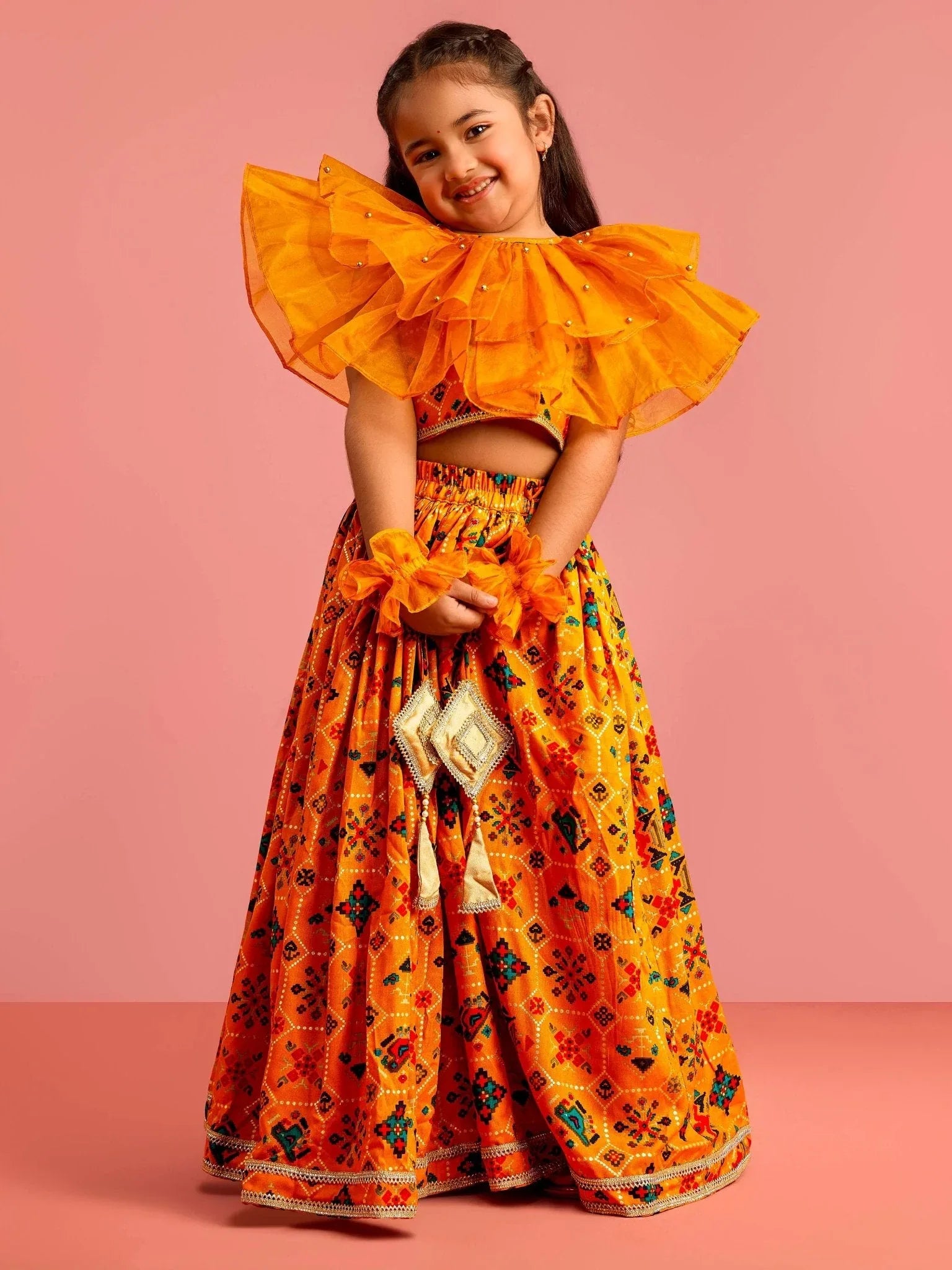 Girls Mustard Patola Print Rayon Lehenga Choli Set with Accessories & Ruffled Hand Gloves