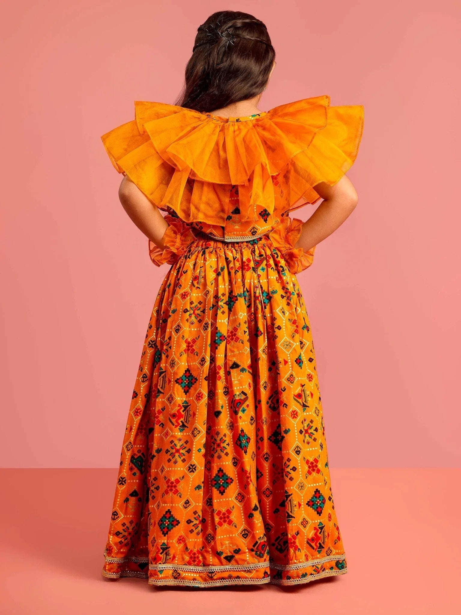 Girls Mustard Patola Print Rayon Lehenga Choli Set with Accessories & Ruffled Hand Gloves