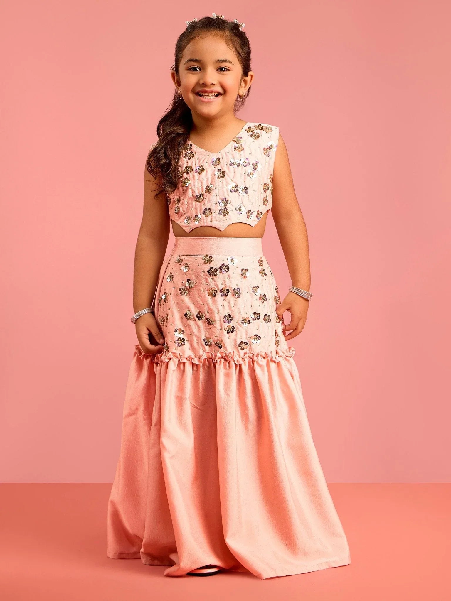 Girls Peach Silk Blend Embroidered Lehenga Choli Set