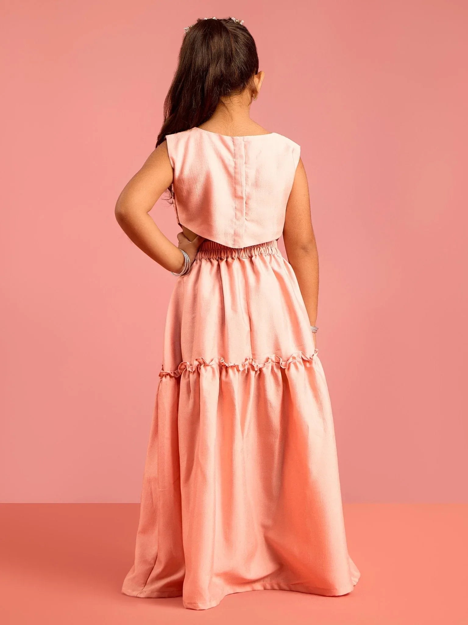 Girls Peach Silk Blend Embroidered Lehenga Choli Set