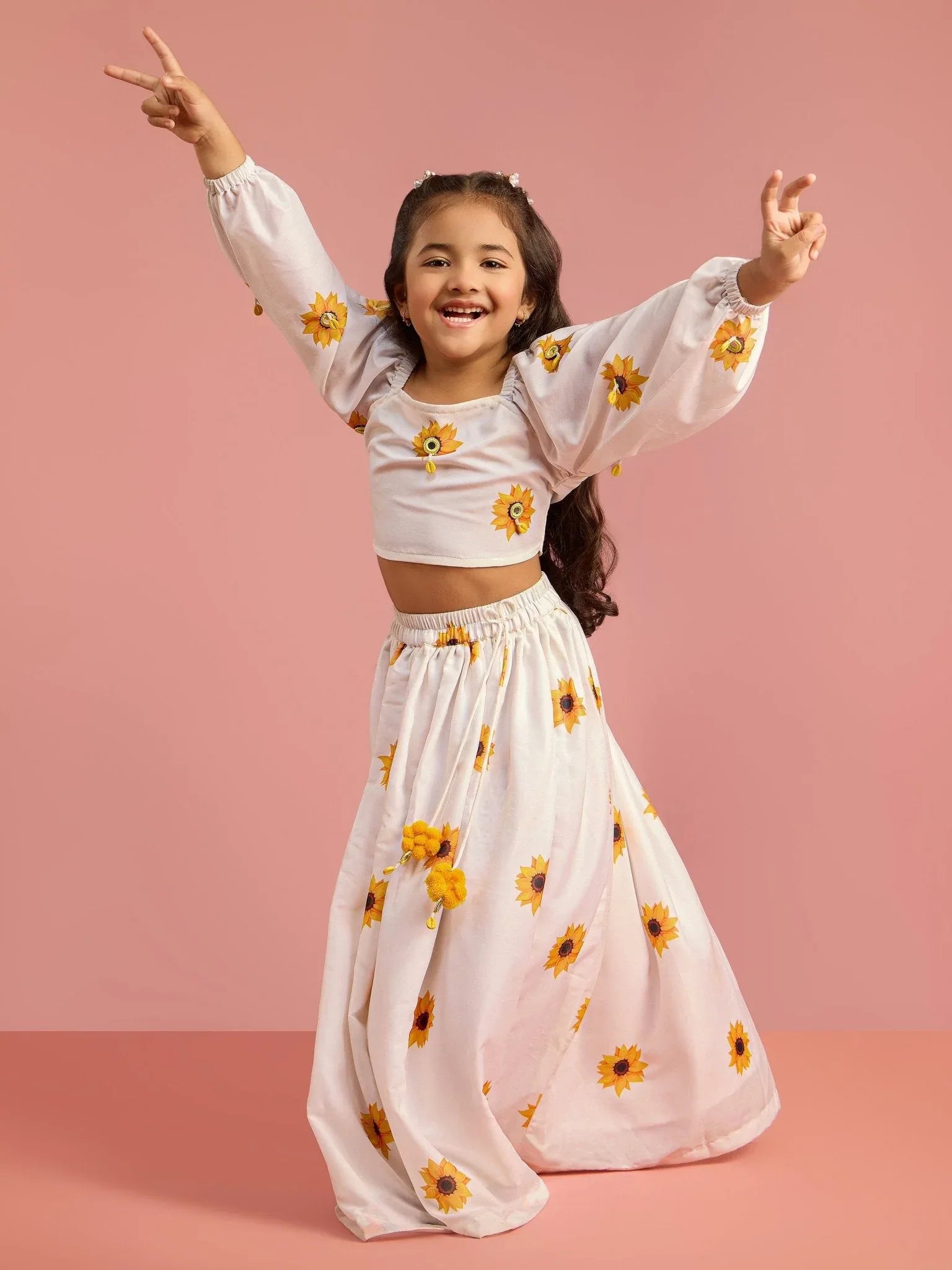 Girls White Poly Muslin Digital Floral Print Lehenga Choli Set