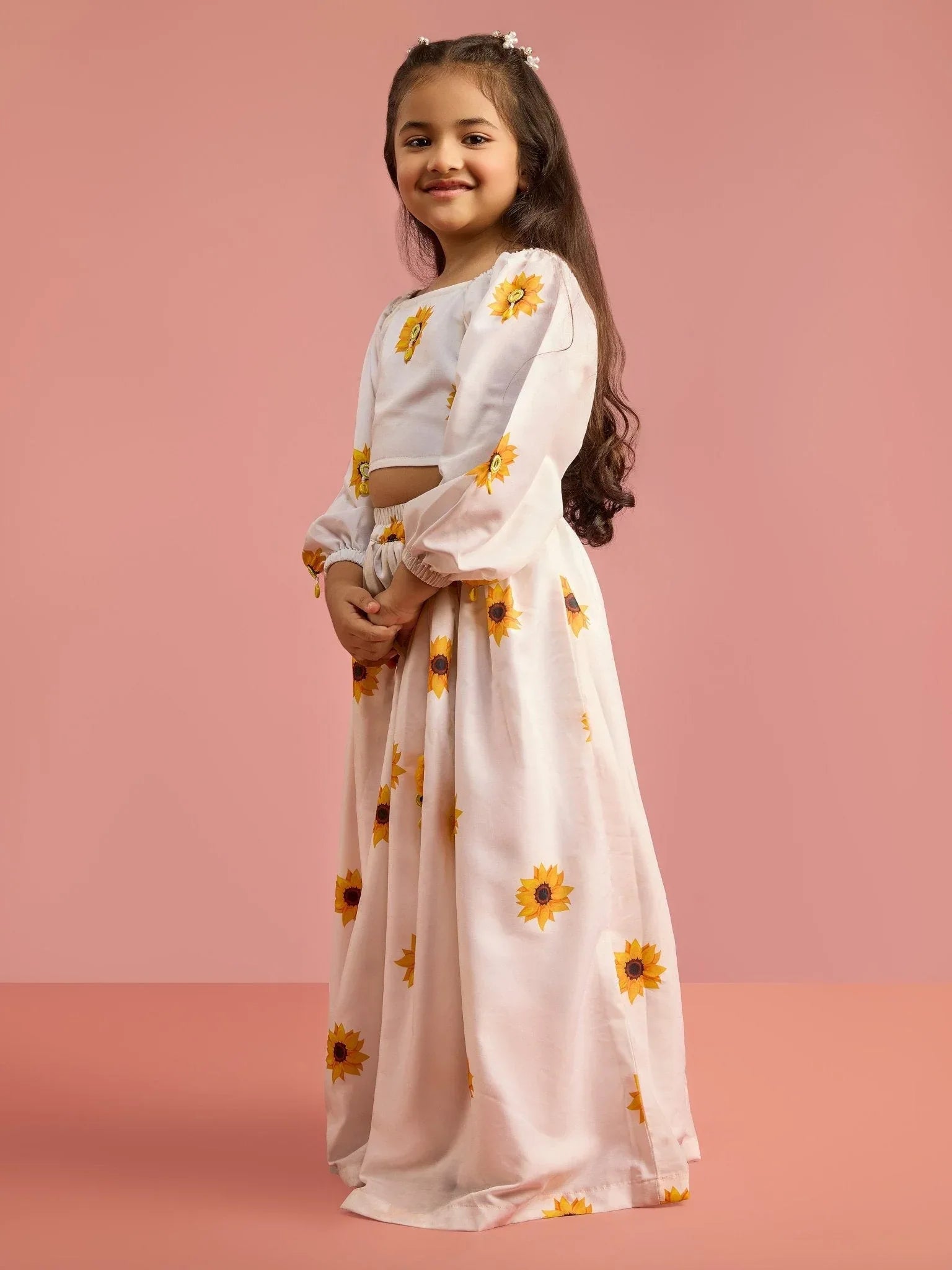 Girls White Poly Muslin Digital Floral Print Lehenga Choli Set