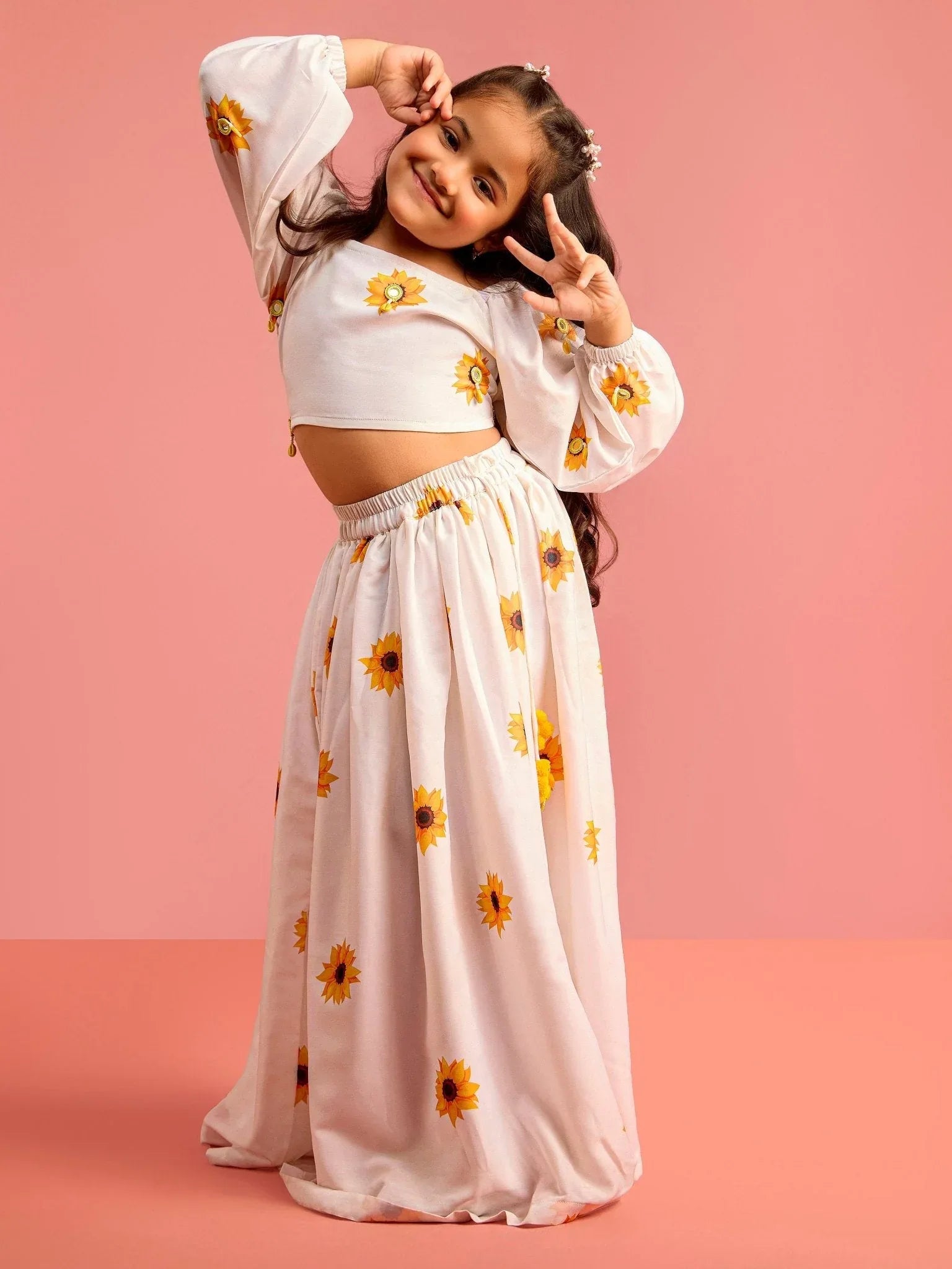 Girls White Poly Muslin Digital Floral Print Lehenga Choli Set