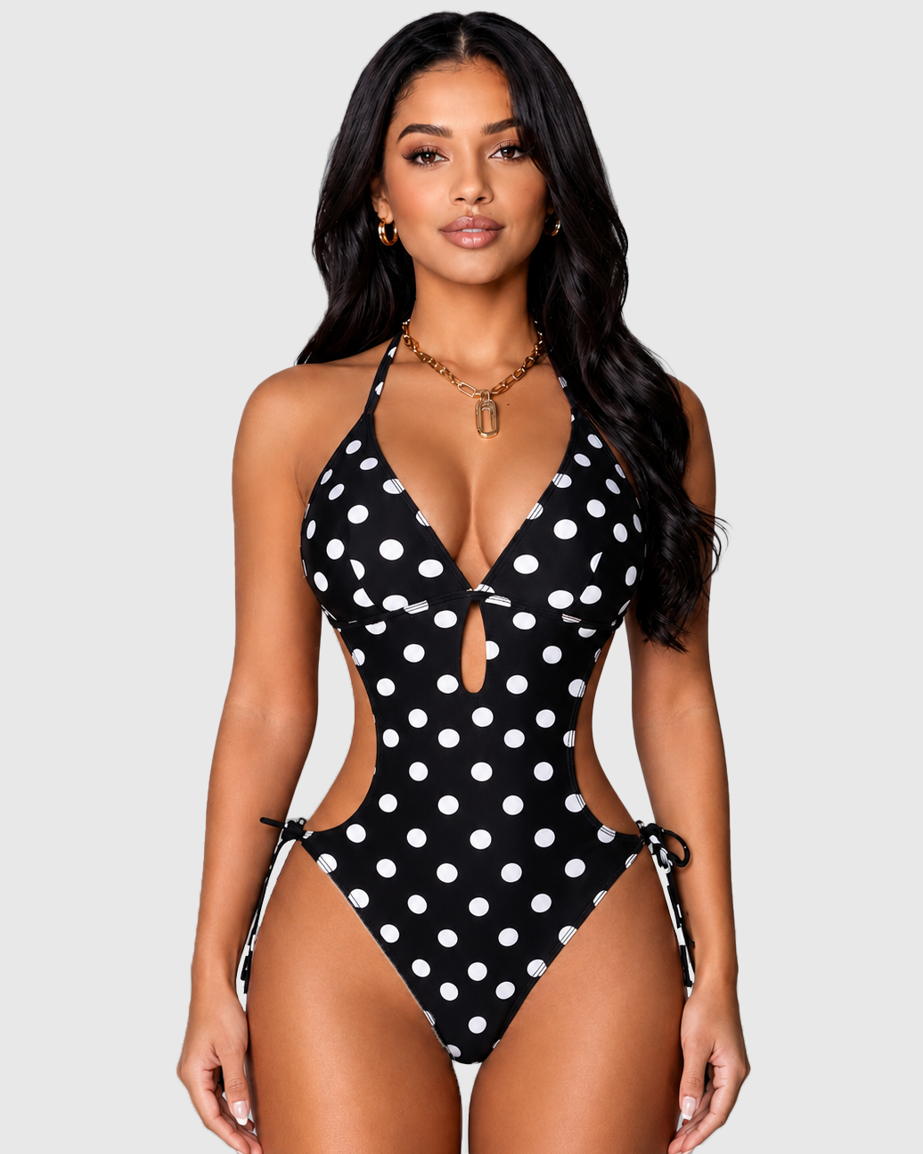 Polka Dot Halter Side Cutout Side One Piece Swimsuit  - By Qivii