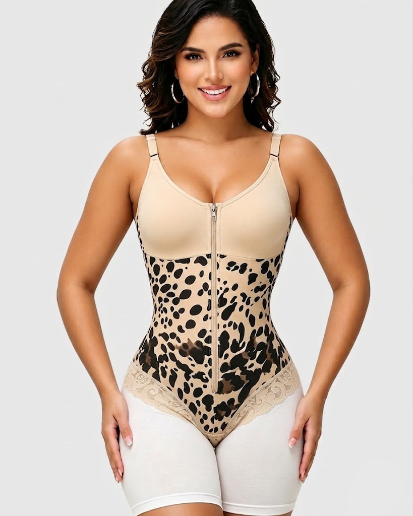 Leopard Print Zipper Tummy Control Adjustable Strap Shaping Bodysuit  - By Qivii
