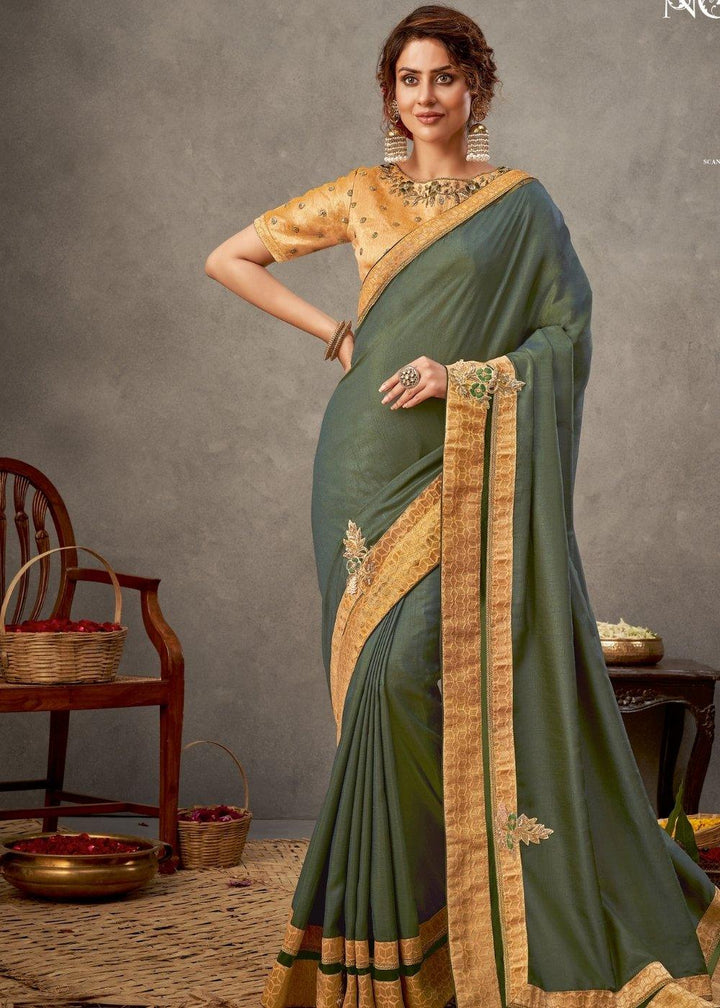 Glade Green Tussar Silk Saree with Resham, Sequins Embroidery & Handwork Butta | Stitched Blouse - qivii