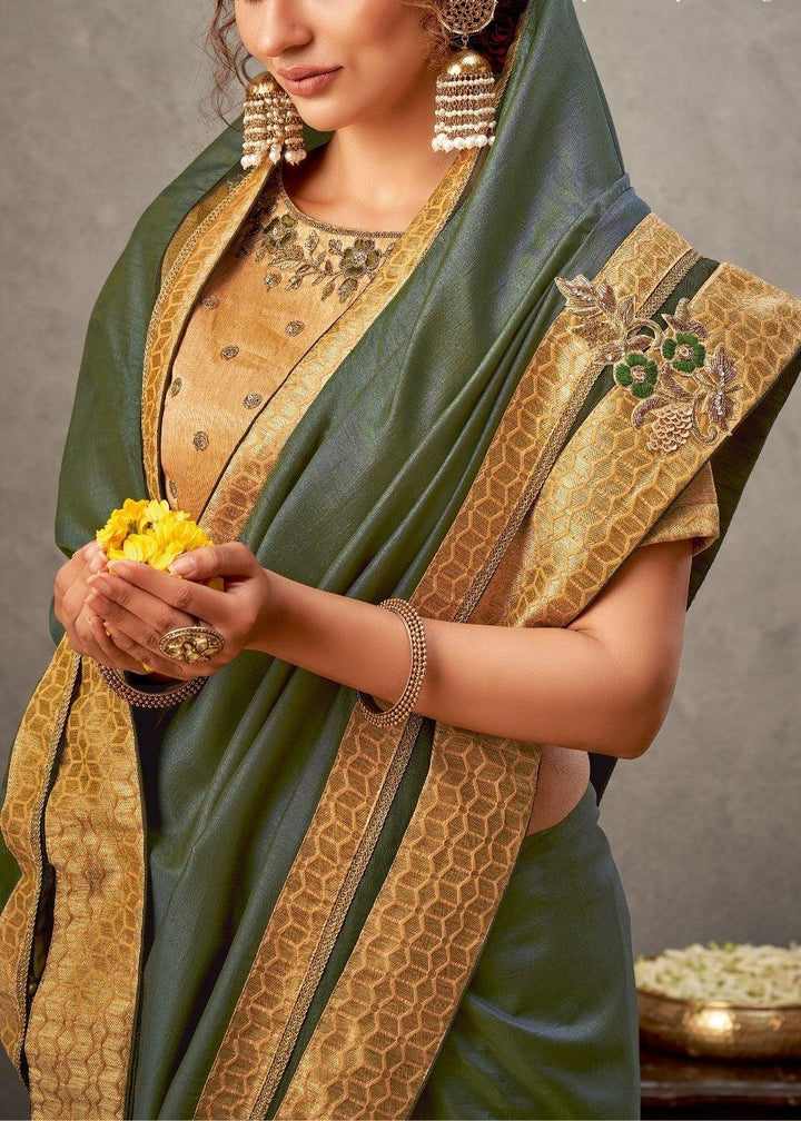 Glade Green Tussar Silk Saree with Resham, Sequins Embroidery & Handwork Butta | Stitched Blouse - qivii