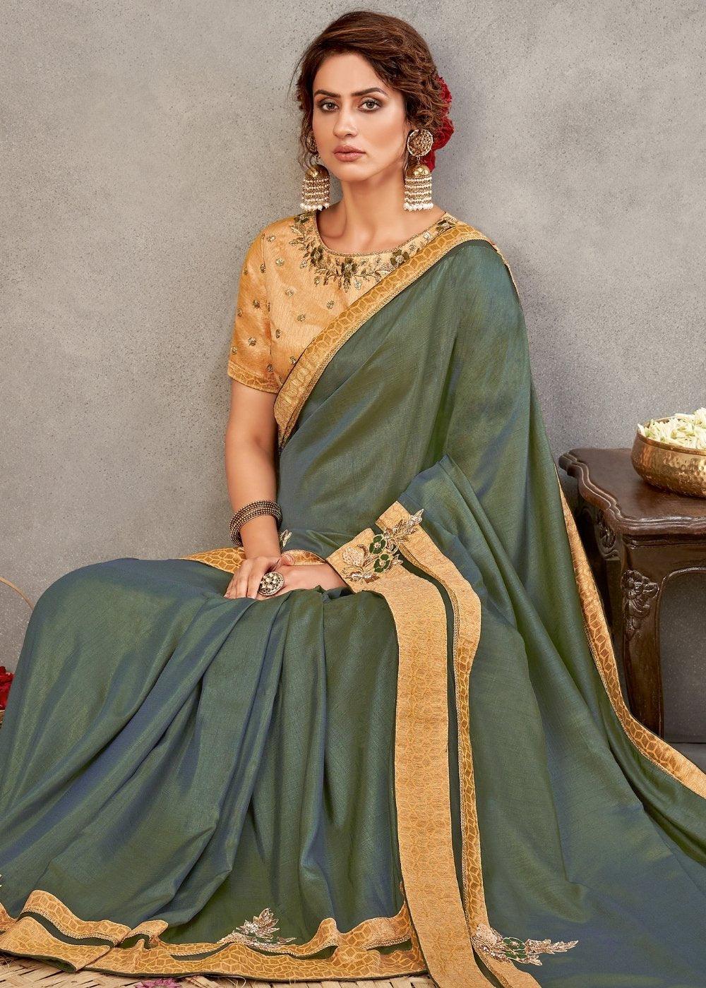 Glade Green Tussar Silk Saree with Resham, Sequins Embroidery & Handwork Butta | Stitched Blouse - qivii