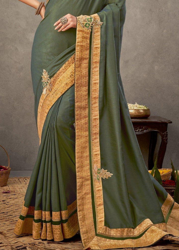 Glade Green Tussar Silk Saree with Resham, Sequins Embroidery & Handwork Butta | Stitched Blouse - qivii