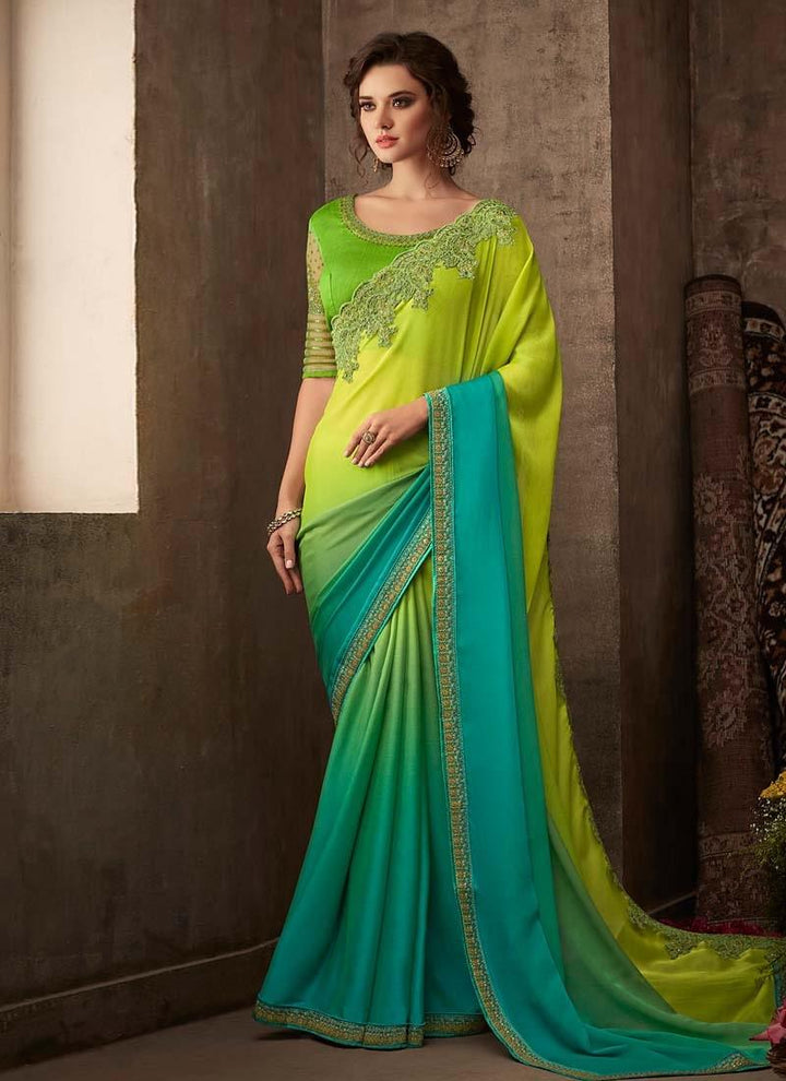 Glam Look Shaded Green Color Silk Base Heavy Work Designer Saree by Kreeva