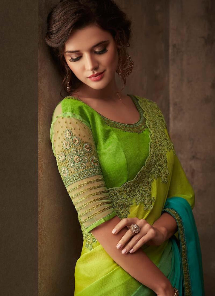 Elegant and intricate Glam Look Shaded Green Color Silk Base Saree by Kreeva