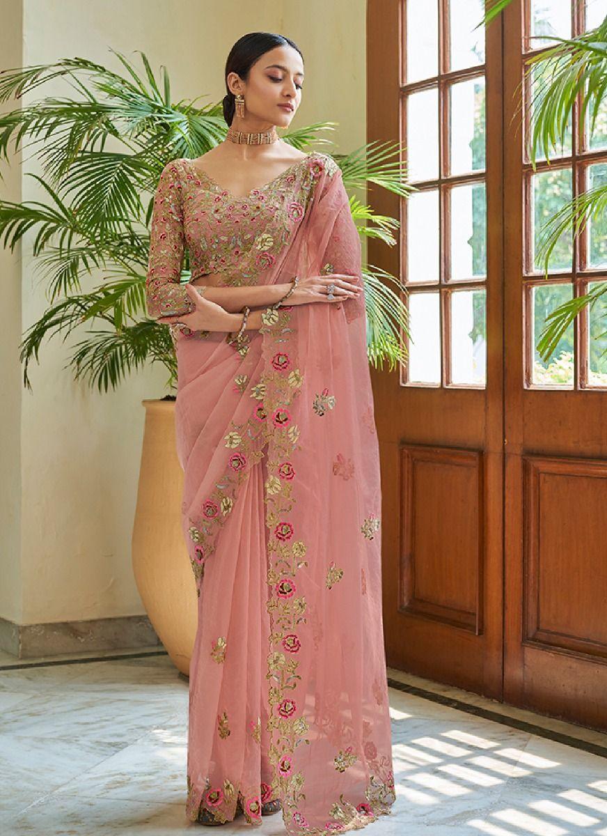 Glitzy Peach Color Organza Base Saree With Matching Blouse by Qivii