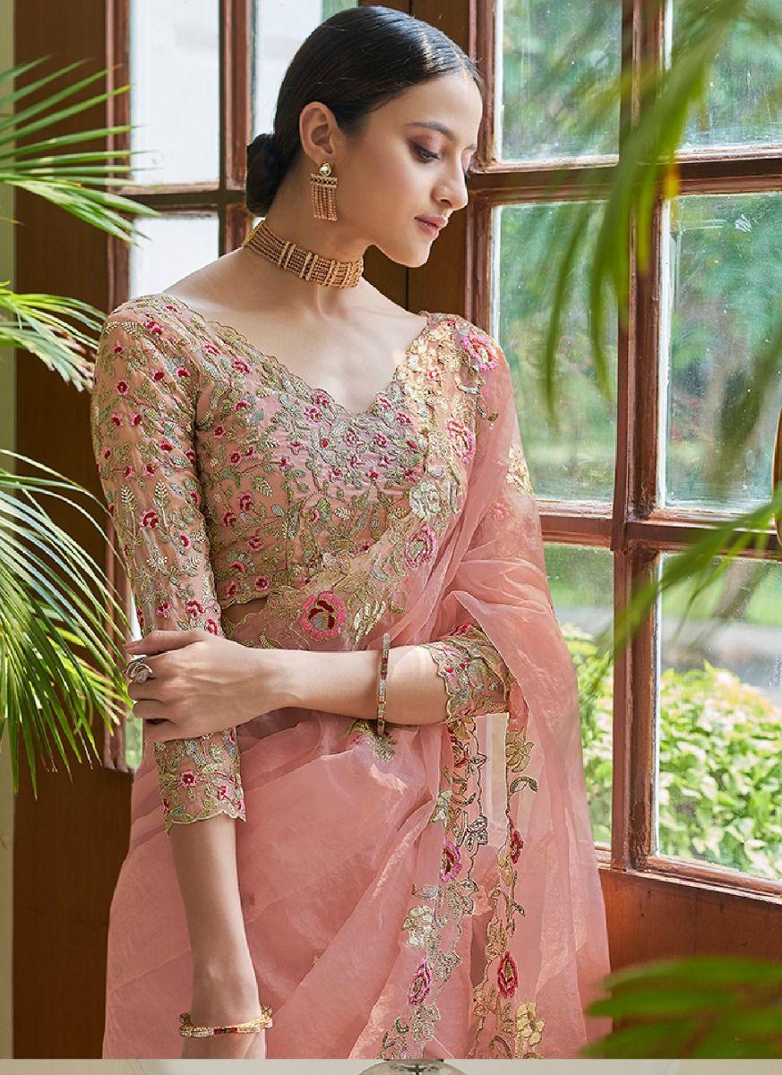 Glitzy Peach Color Organza Base Saree With Matching Blouse by Qivii