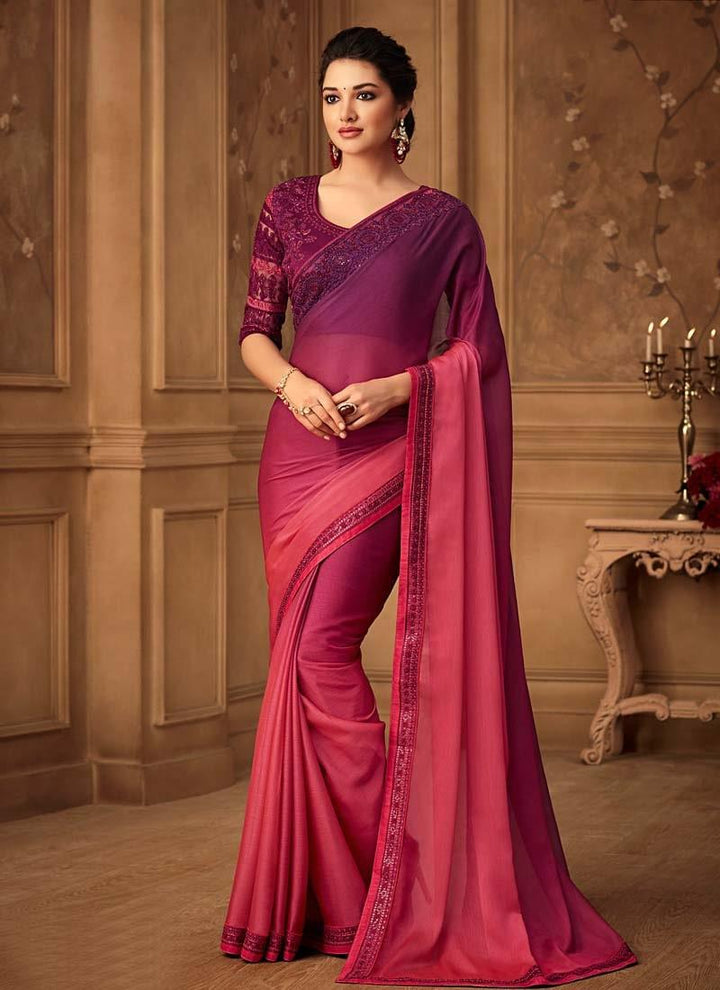 Glorious Look Wine And Pink Shaded Color Saree With Designer Blouse  - By Kreeva