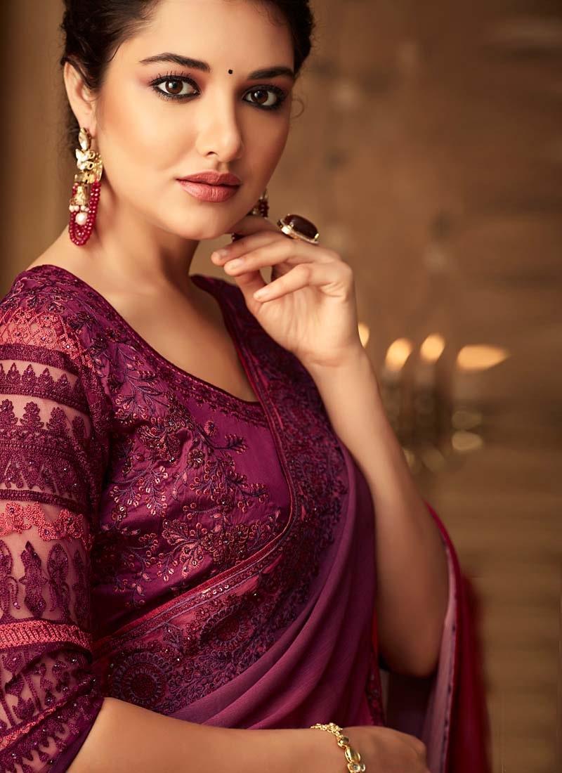 Glorious Look Wine And Pink Shaded Color Saree With Designer Blouse  - By Kreeva