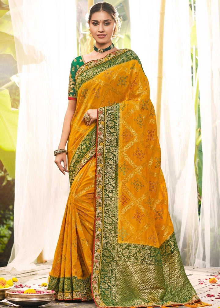 Gold Yellow Banarasi Dola Silk Saree with Resham Embroidery, Zari and Gotta Patti work | Stitched Blouse - qivii