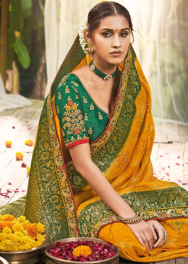 Gold Yellow Banarasi Dola Silk Saree with Resham Embroidery, Zari and Gotta Patti work | Stitched Blouse - qivii