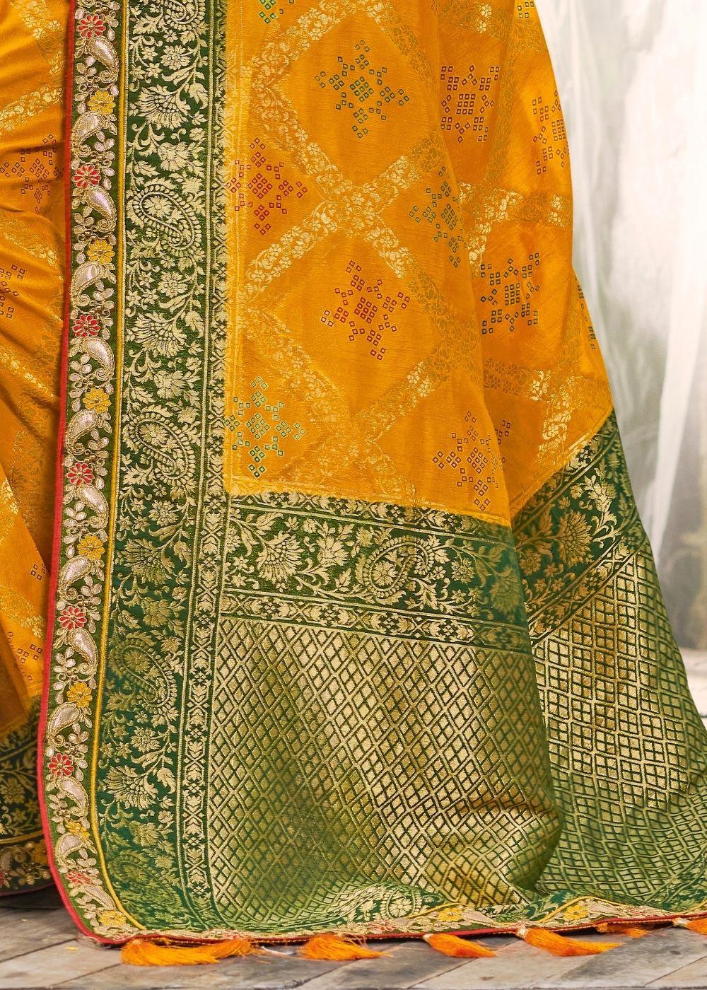 Gold Yellow Banarasi Dola Silk Saree with Resham Embroidery, Zari and Gotta Patti work | Stitched Blouse - qivii