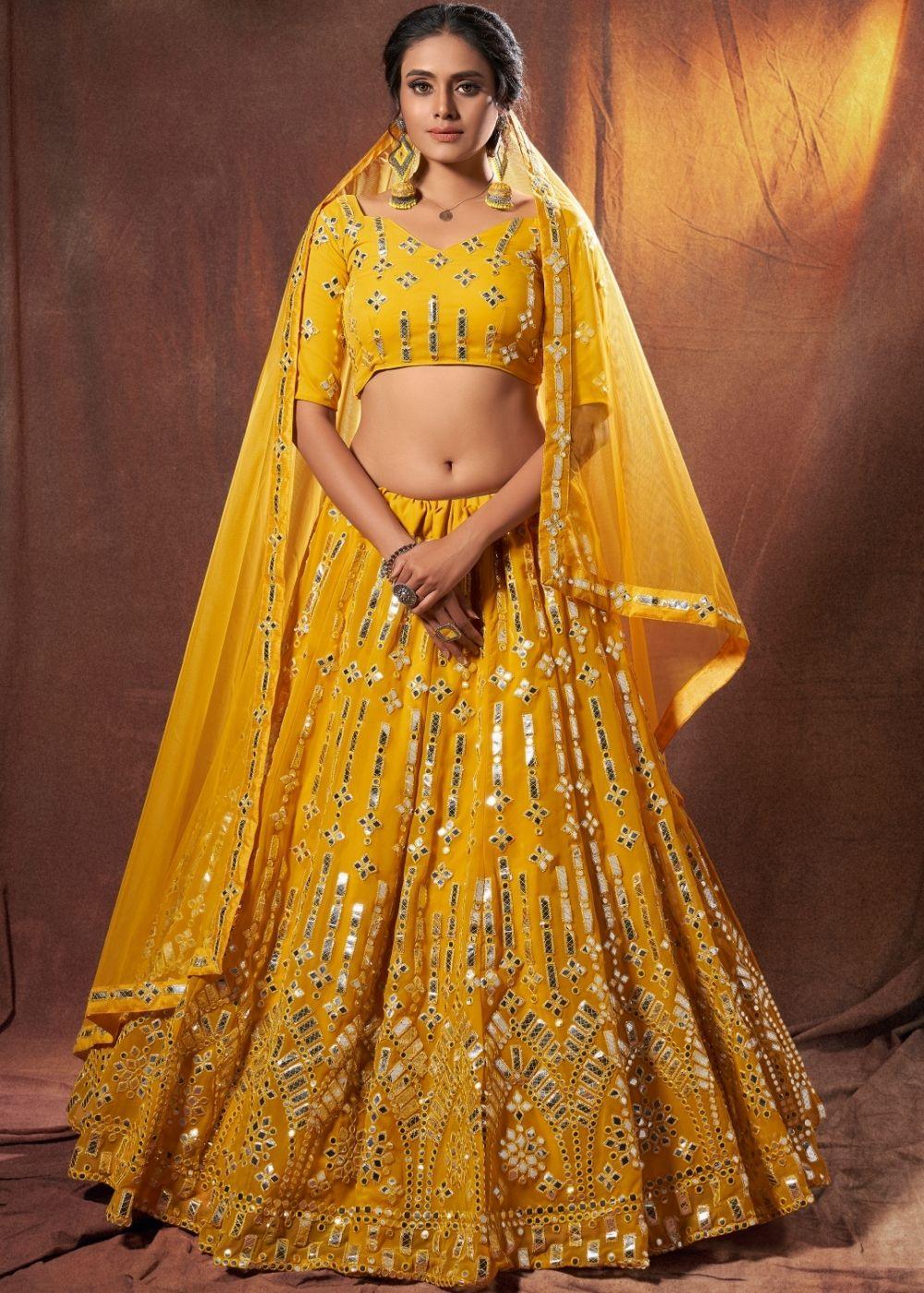 Gold Yellow Designer Georgettet Lehenga Choli with Resham & Mirror work - qivii