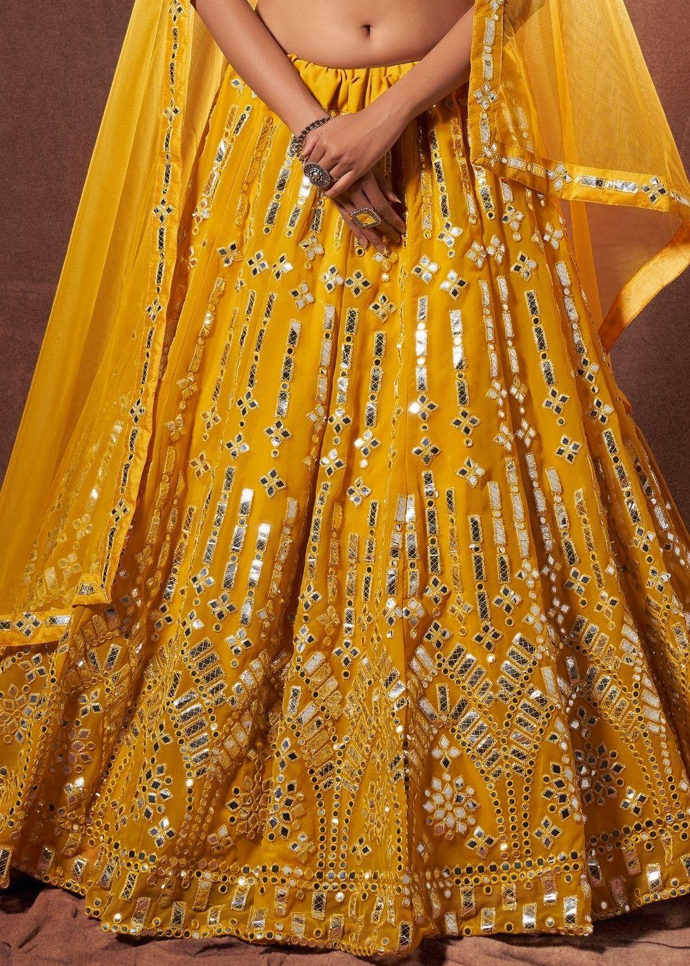 Gold Yellow Designer Georgettet Lehenga Choli with Resham & Mirror work - qivii