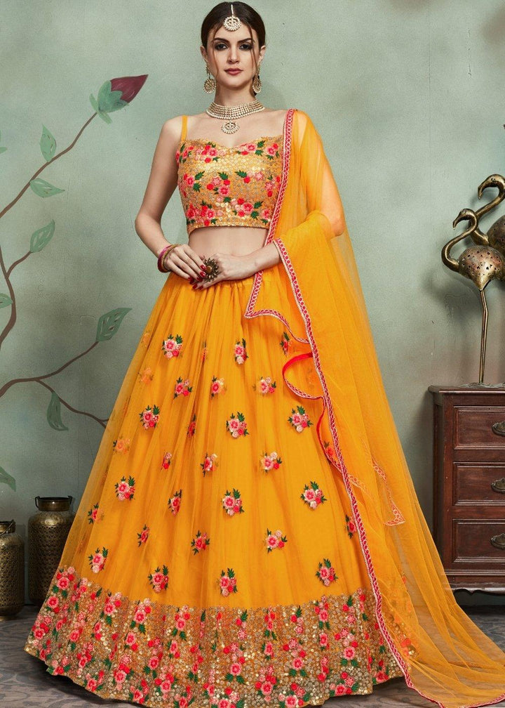 Gold Yellow Designer Soft Net Lehenga Choli with Sequins & Thread work - qivii