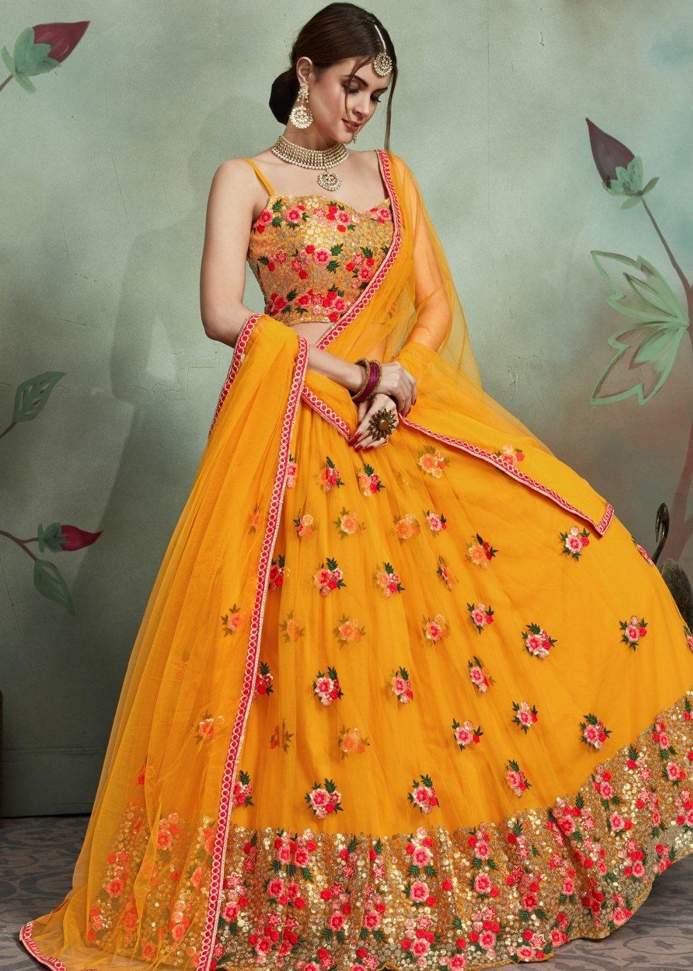 Gold Yellow Designer Soft Net Lehenga Choli with Sequins & Thread work - qivii