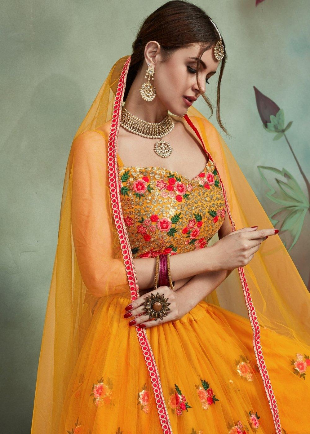 Gold Yellow Designer Soft Net Lehenga Choli with Sequins & Thread work - qivii