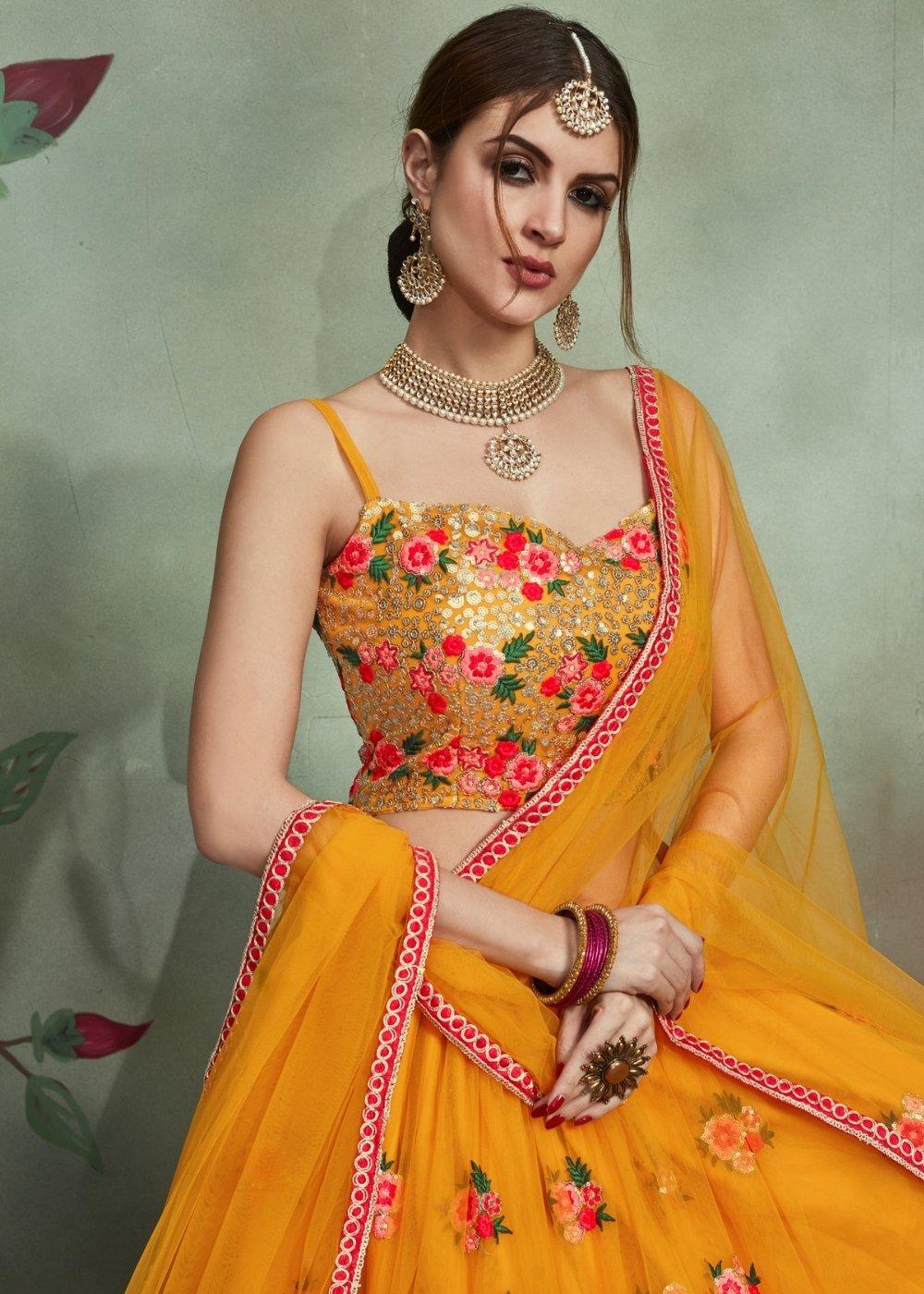 Gold Yellow Designer Soft Net Lehenga Choli with Sequins & Thread work - qivii