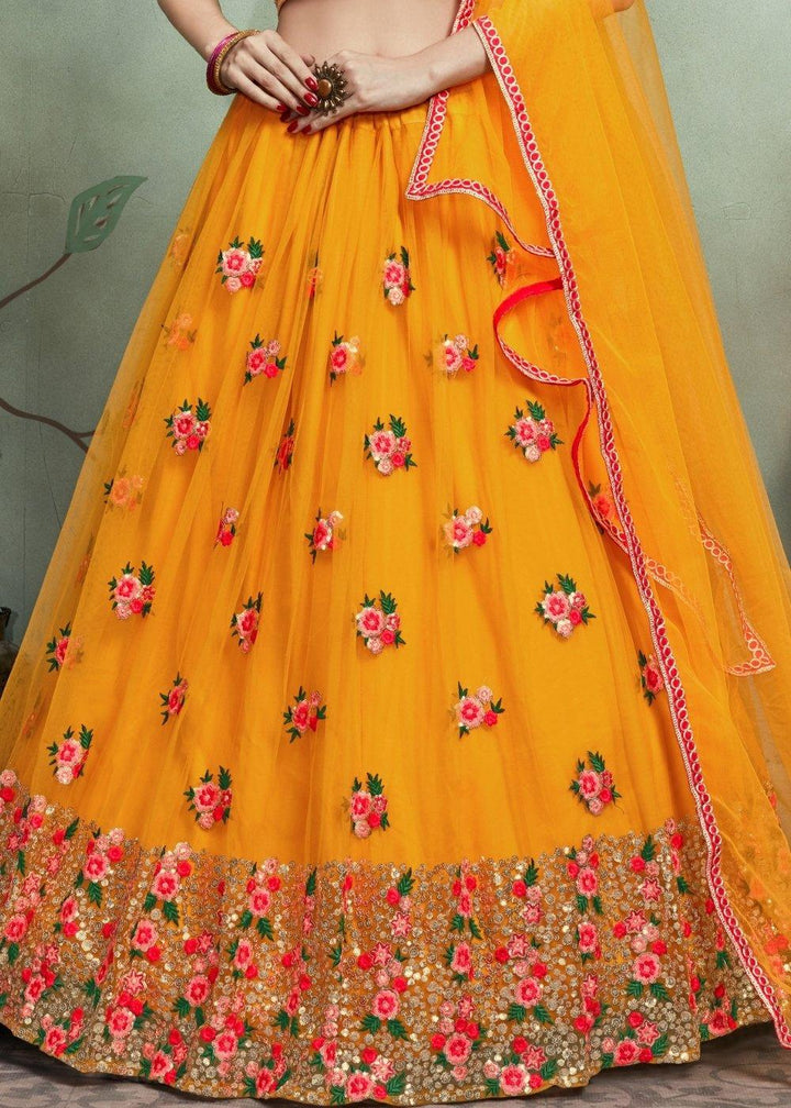 Gold Yellow Designer Soft Net Lehenga Choli with Sequins & Thread work - qivii