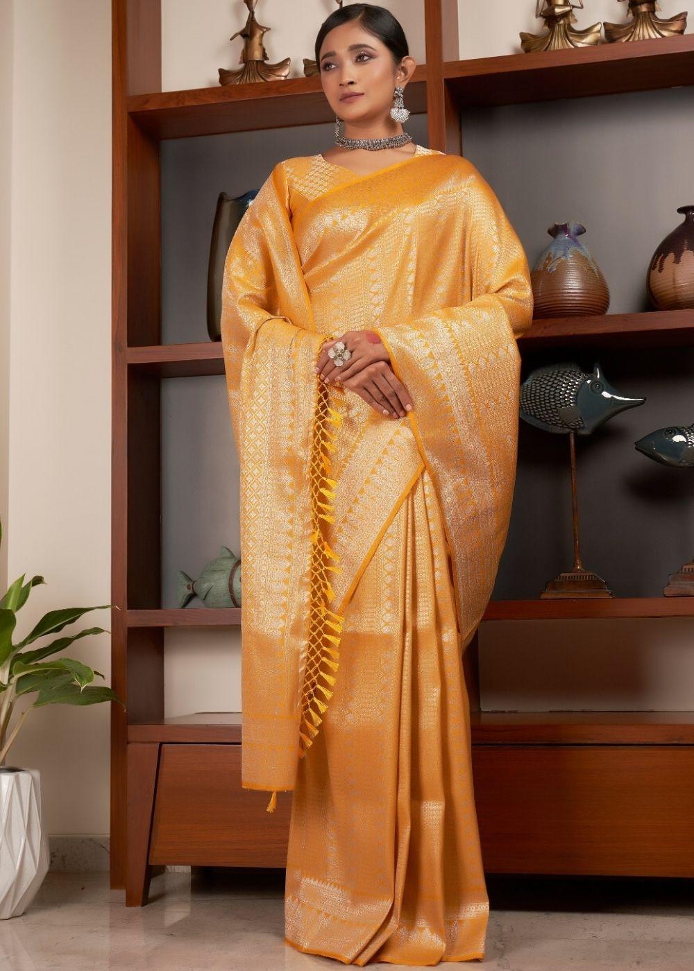 Gold Yellow Silver Zari work Kanjivaram Silk Saree | Stitched Blouse - qivii