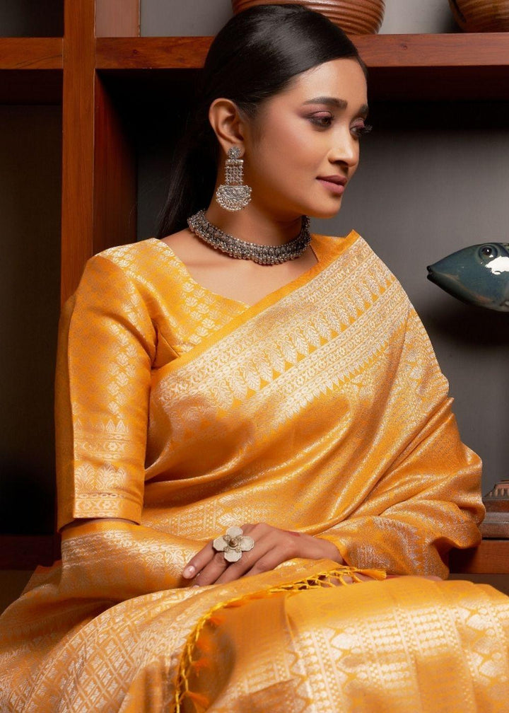 Gold Yellow Silver Zari work Kanjivaram Silk Saree | Stitched Blouse - qivii