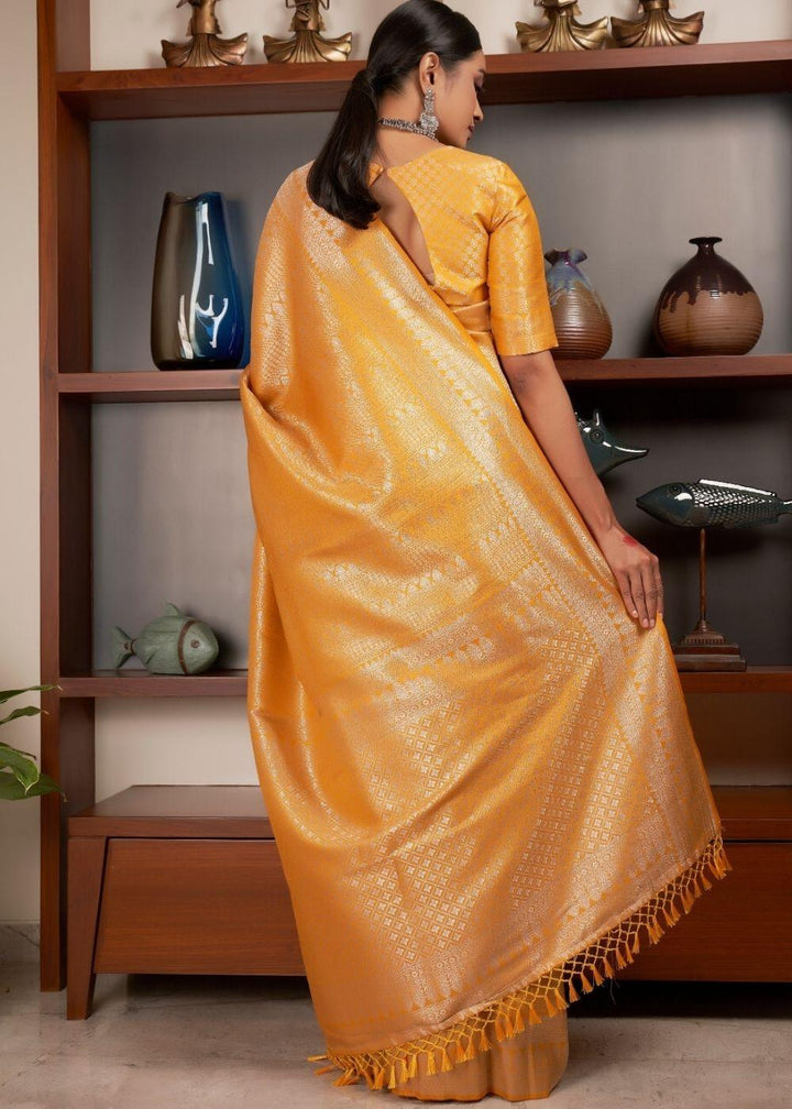 Gold Yellow Silver Zari work Kanjivaram Silk Saree | Stitched Blouse - qivii