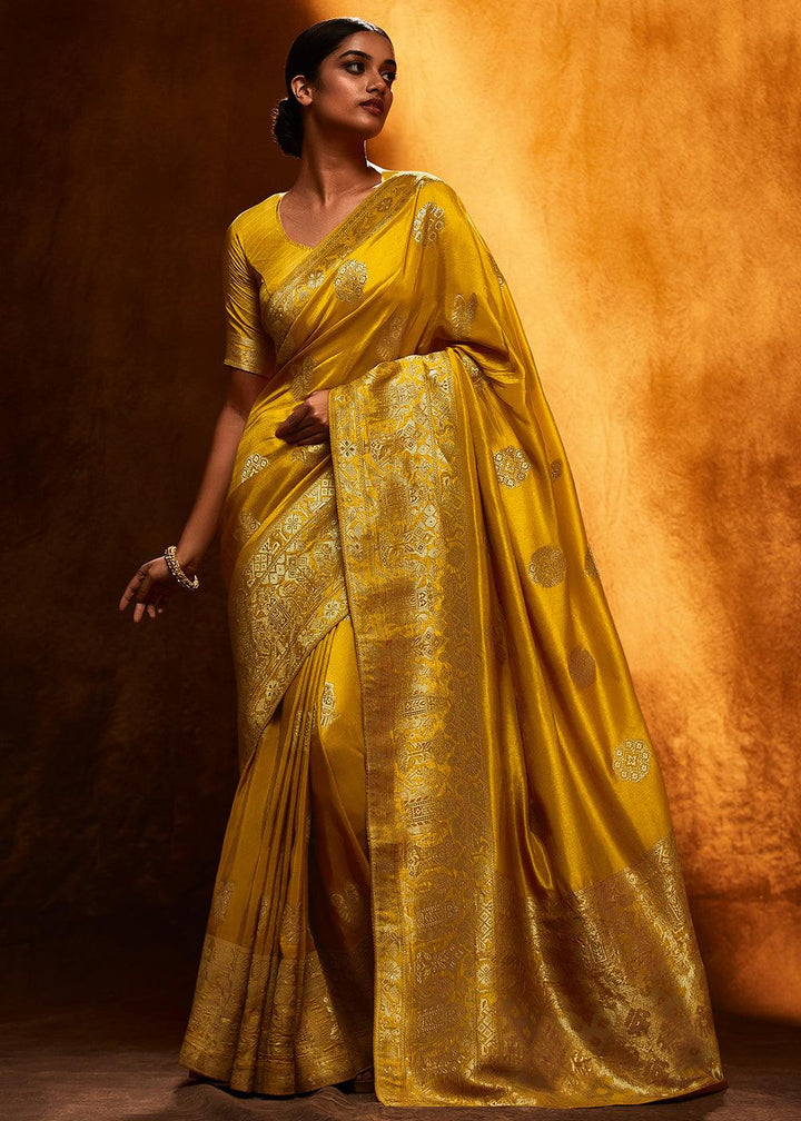 Gold Yellow Woven Viscose Silk Saree - qivii