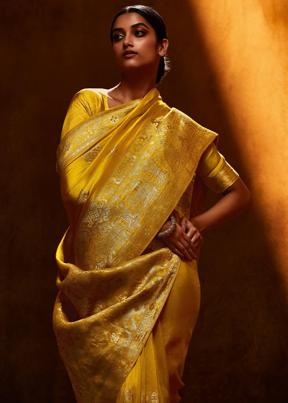 Gold Yellow Woven Viscose Silk Saree - qivii