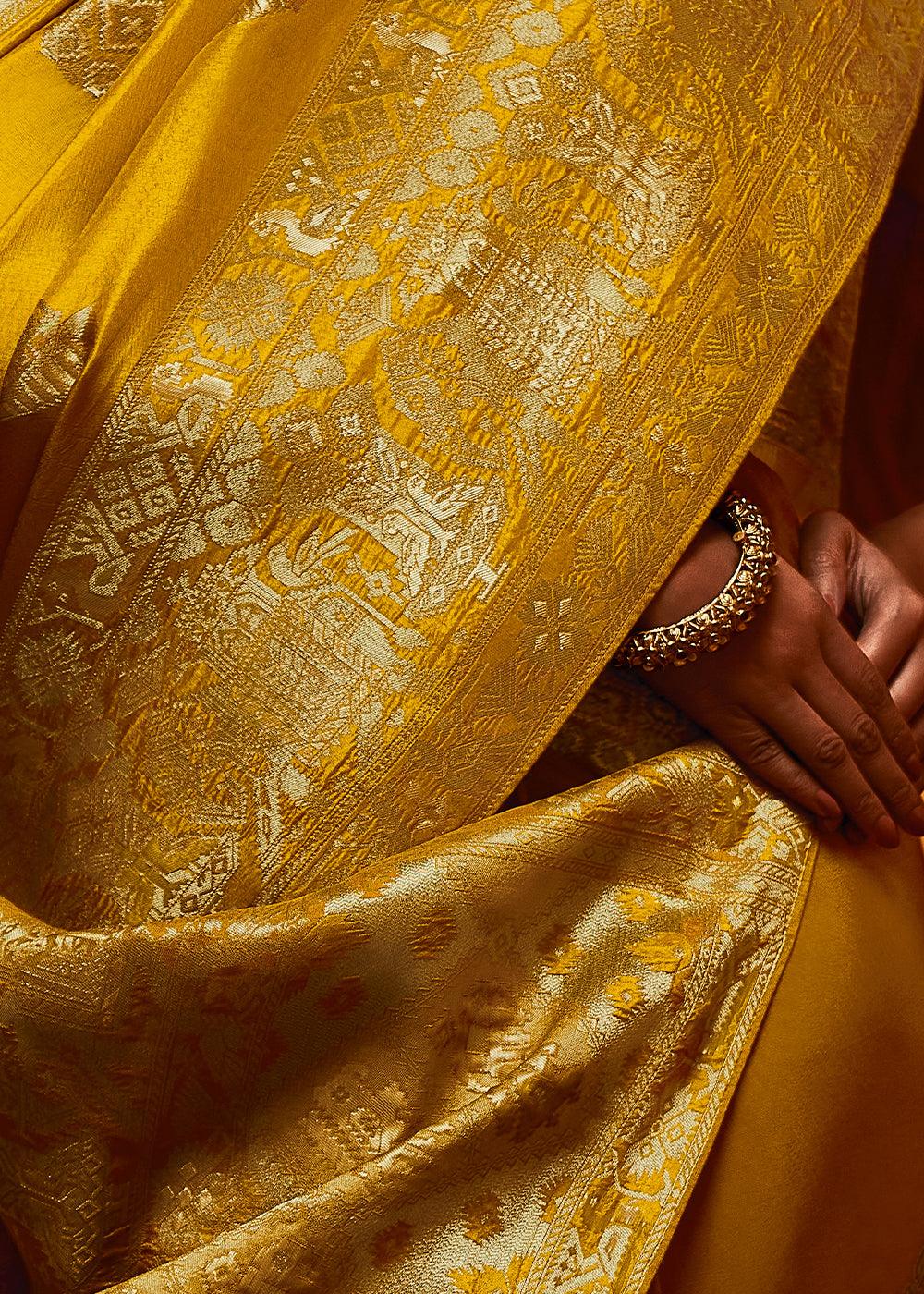 Gold Yellow Woven Viscose Silk Saree - qivii