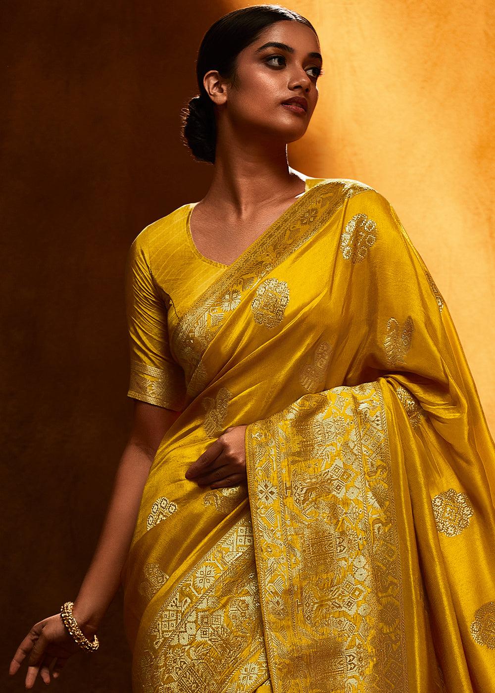 Gold Yellow Woven Viscose Silk Saree - qivii