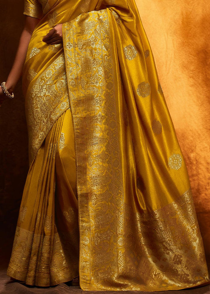 Gold Yellow Woven Viscose Silk Saree - qivii