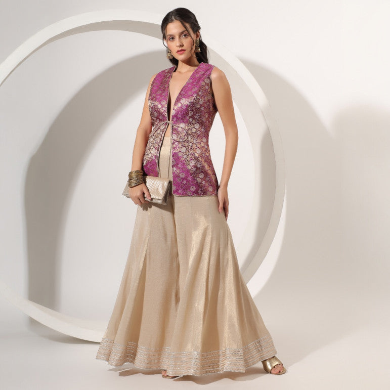 Golden Sharara with Brocade Jacket - qivii