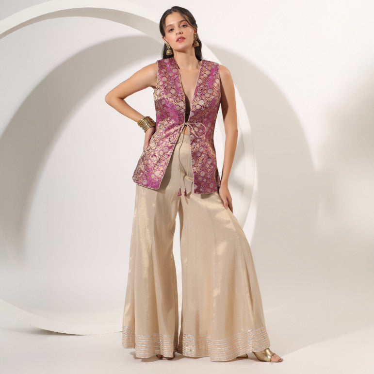 Golden Sharara with Brocade Jacket - qivii