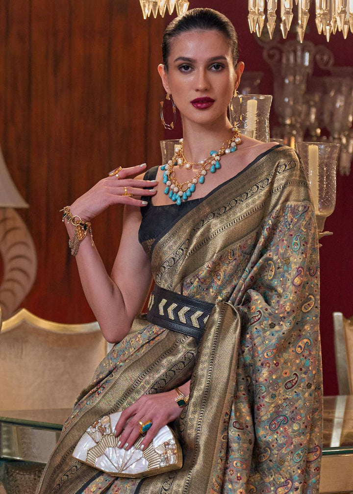 Golden Black Kashmiri Jamawar Woven Silk Saree | Stitched Blouse - qivii