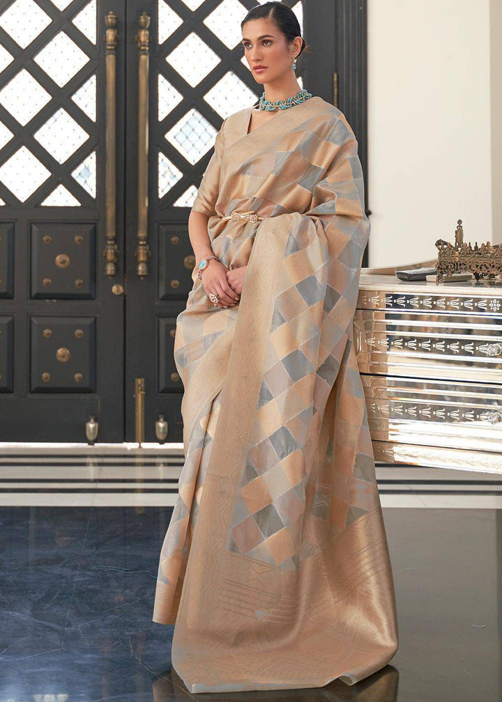 Golden Brown & Grey Lehariya Handloom Weaving Organza Silk Saree | Stitched Blouse - qivii