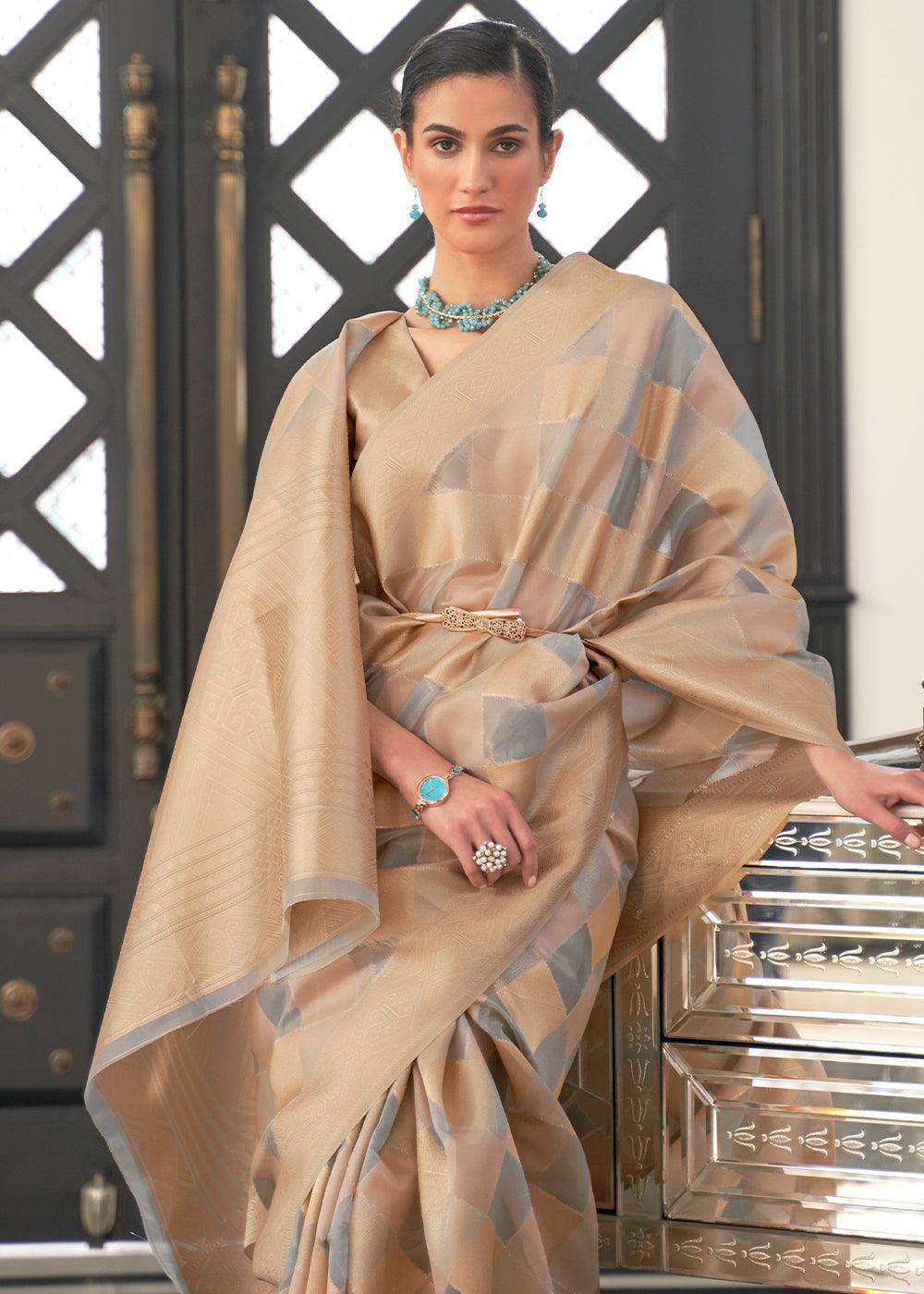 Golden Brown & Grey Lehariya Handloom Weaving Organza Silk Saree | Stitched Blouse - qivii