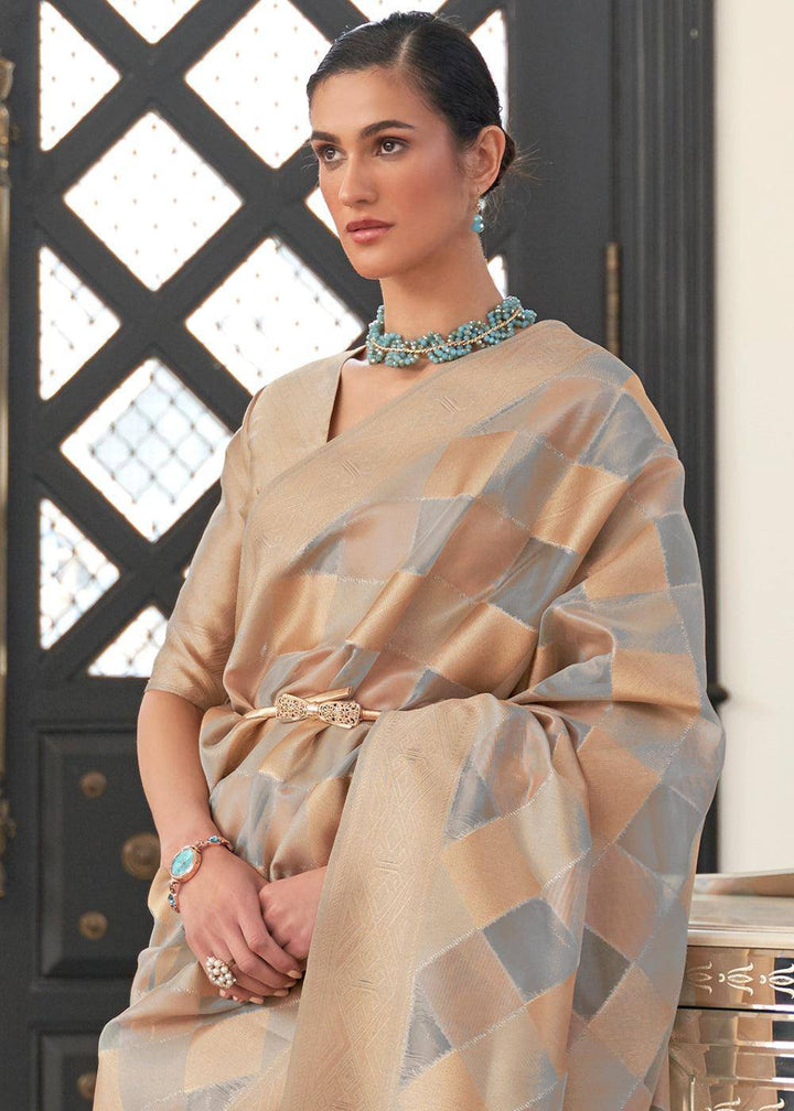 Golden Brown & Grey Lehariya Handloom Weaving Organza Silk Saree | Stitched Blouse - qivii